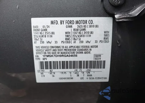 2024 Ford Explorer Xlt z USA, uszkodzony, nr VIN 1FMSK7DH9RGA04656